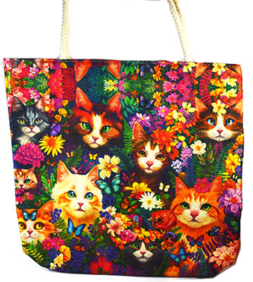 Large Jute Tote with an Image Colorful Cats in a Field of Flowers