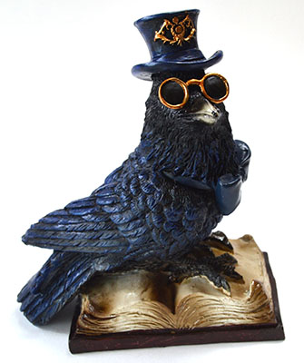 A Steampunk Raven Perched on an Open Book, Full of Gearwork Details and Metallic Touches